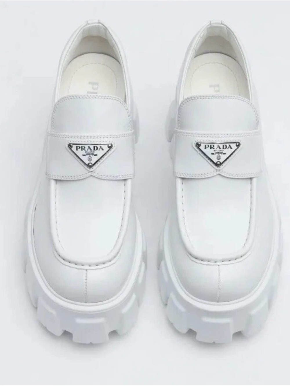 Prada White Leather Lug-Sole Loafers with Triangular Logo Plaque